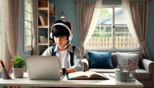 Siswa di Jakarta belajar online untuk persiapan ujian Cambridge IGCSE & A-Level dengan laptop dan bimbingan tutor di ruang belajar yang nyaman.